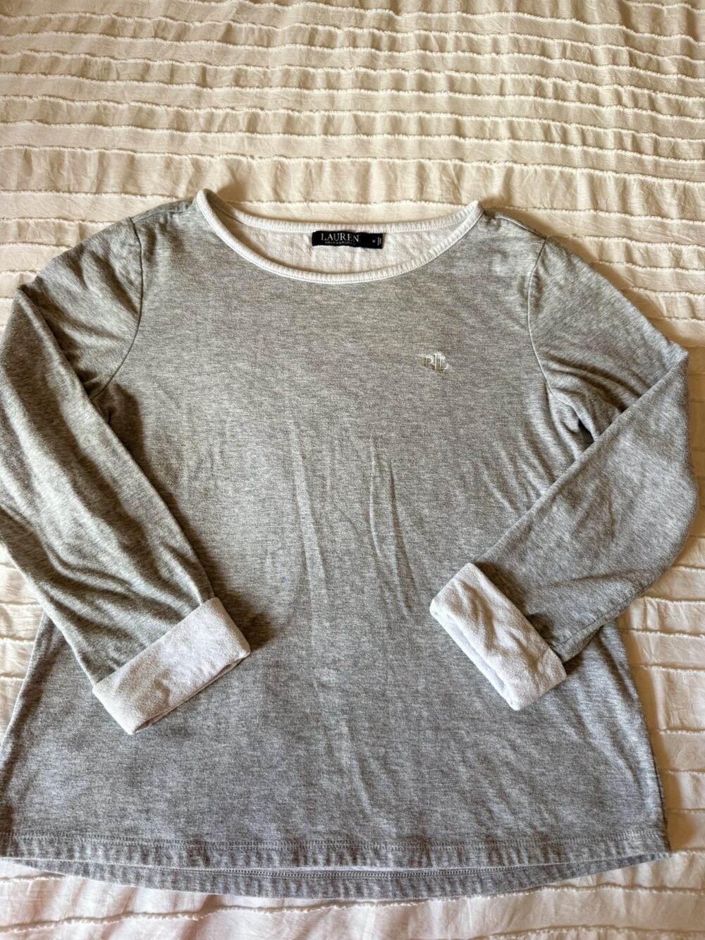 Lauren Ralph Lauren Long Sleeve Gray Top Cotton Blend Soft Size M